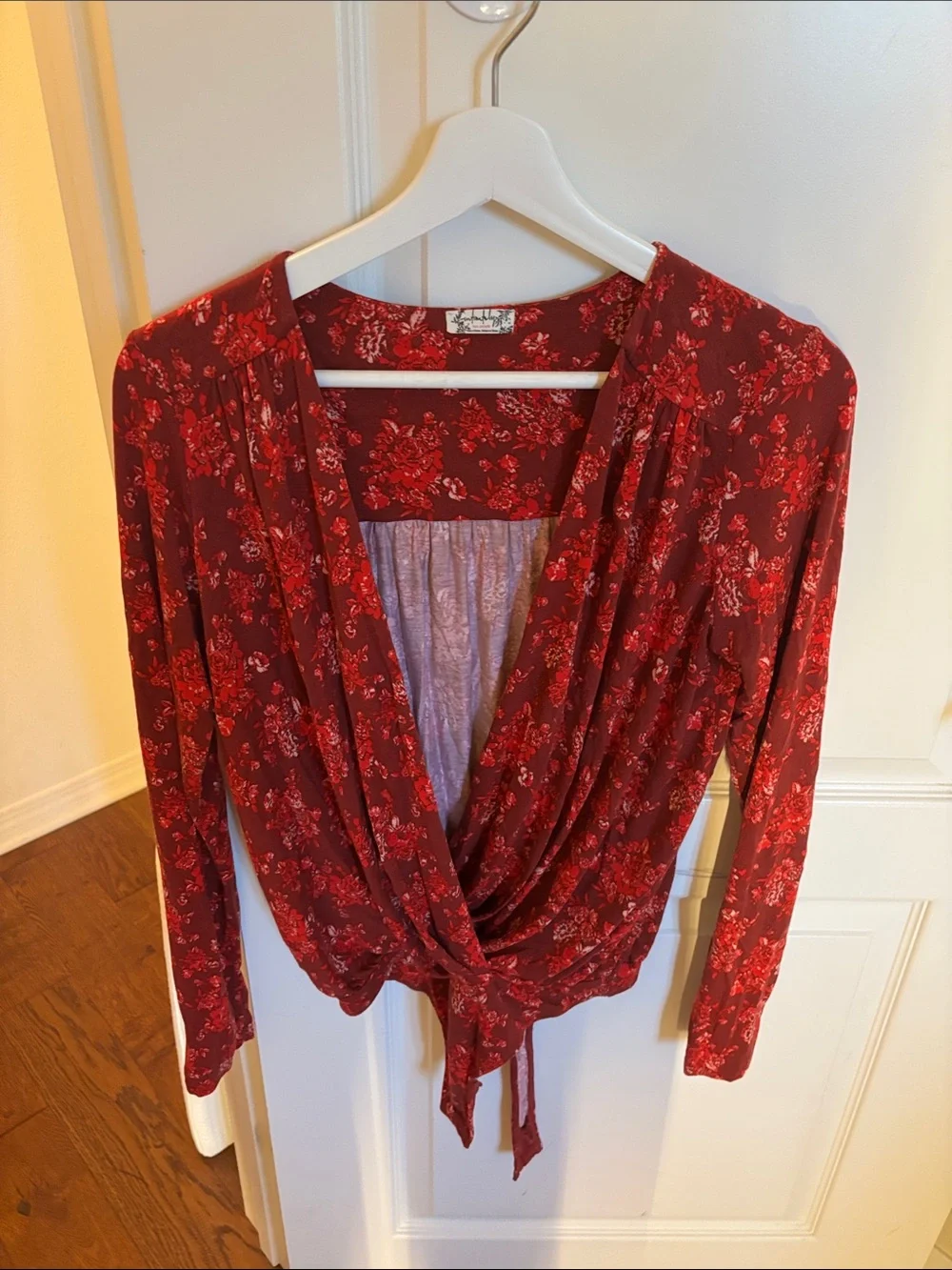 Free People Red Floral Tie-Front Wrap Blouse